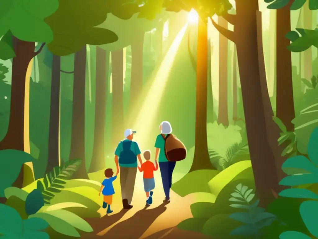 Abuelos y nietos en aventura de geocaching en un bosque exuberante con rayos de sol filtrándose a través del dosel de árboles