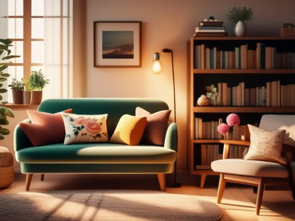 Acogedora sala de estar vintage Un acogedor salón sepia con toque vintage: sofá cómodo, mesa de café de madera con libros y florero, alfombra suave