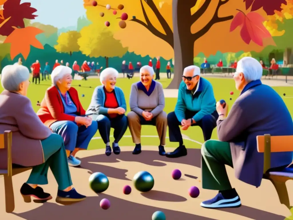 Parque pintoresco con personas mayores disfrutando de actividades grupales Actividades grupales en la jubilación: parque pintoresco con personas mayores disfrutando de la compañía y participando en juegos y conversaciones