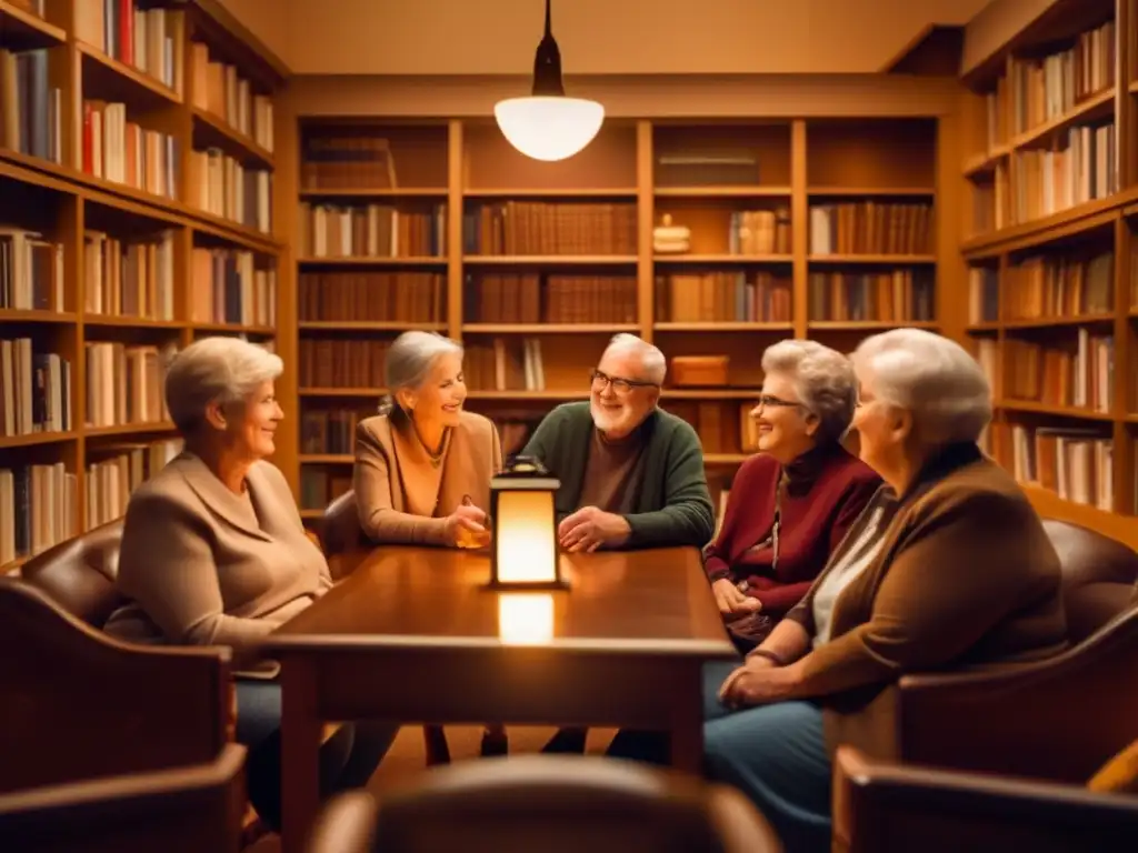Retirados disfrutando de la lectura Actividades grupales en la jubilación: Retirados en biblioteca acogedora rodeados de libros, discutiendo y compartiendo experiencias