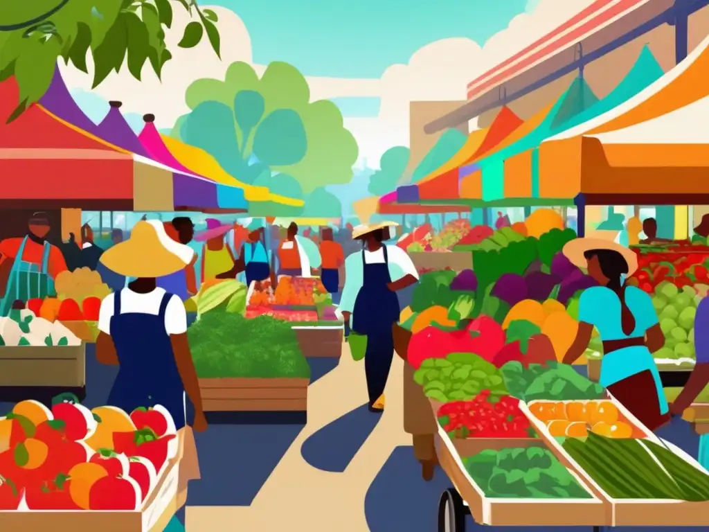 Mercado vibrante lleno de alimentos energizantes Alimentos energéticos para jubilación activa: escena vibrante de un mercado campesino con frutas frescas, verduras y pimientos coloridos