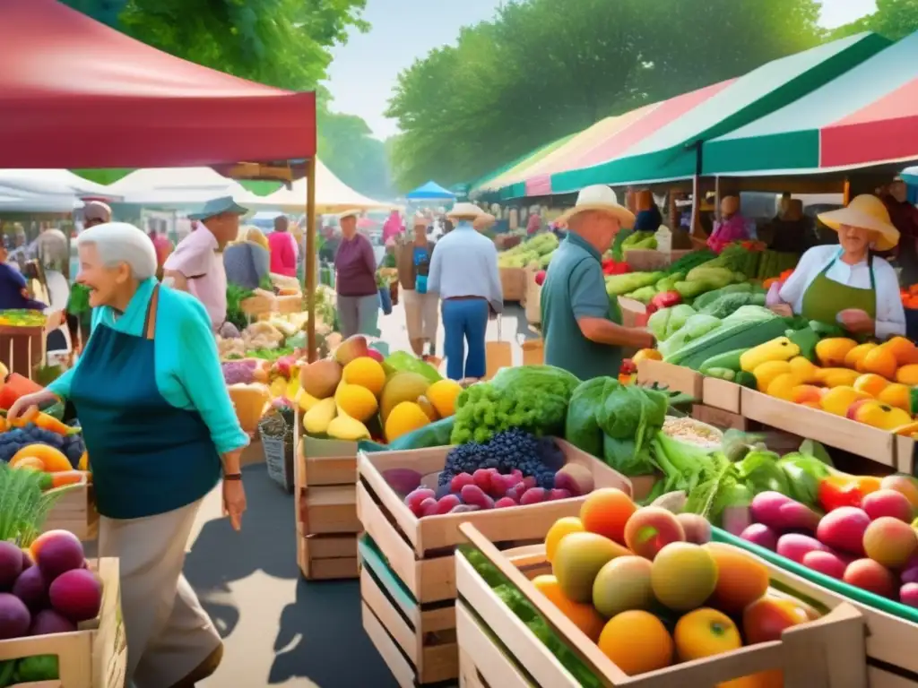 Mercado agrícola vibrante con frutas y verduras coloridas Alimentos energéticos para jubilación activa en mercado de agricultores