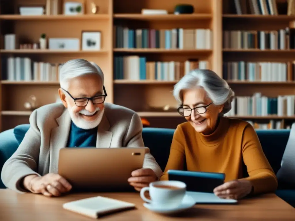 Pareja de ancianos disfrutando del almacenamiento en la nube Almacenamiento en la nube para jubilados: Pareja mayor en sala acogedora rodeados de álbumes y documentos, usando una tablet con interfaz amigable y organizada