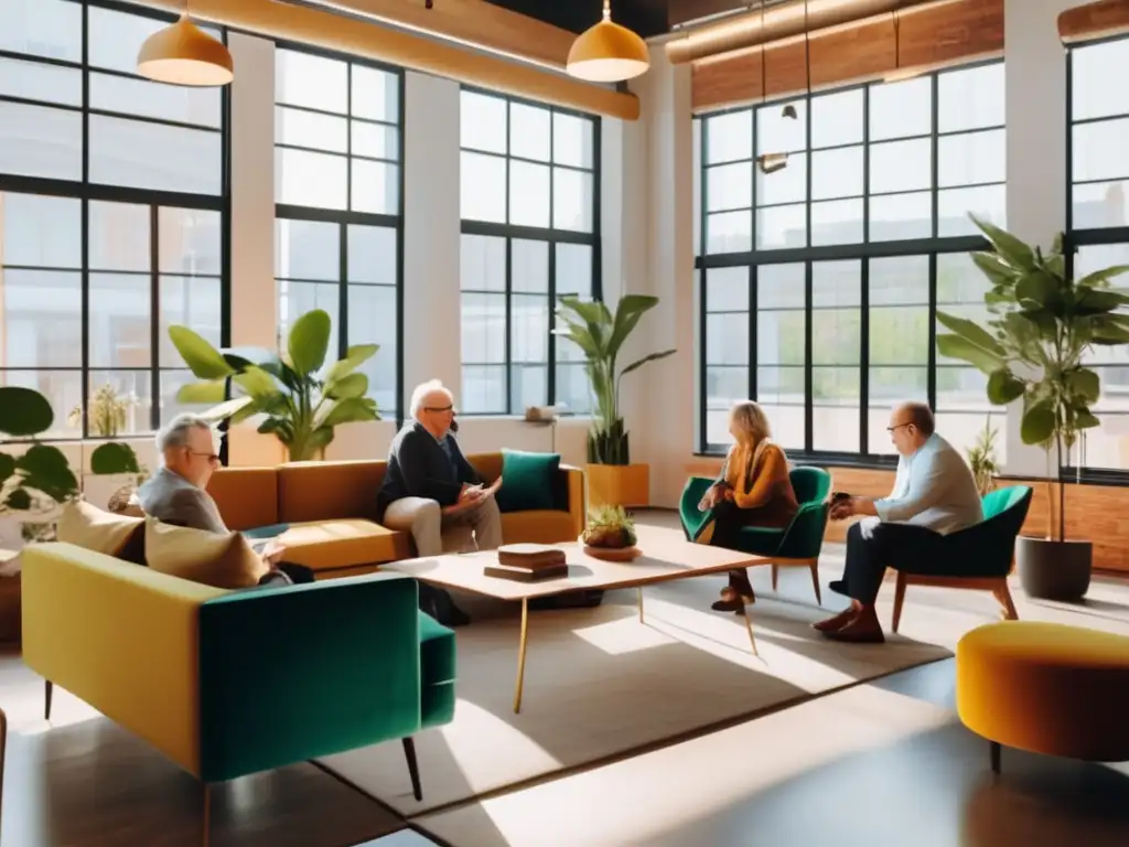 Espacio coworking vibrante para profesionales seniors Ambiente de trabajo colaborativo y vibrante para profesionales senior en una comunidad inclusiva de planificación jubilación integral