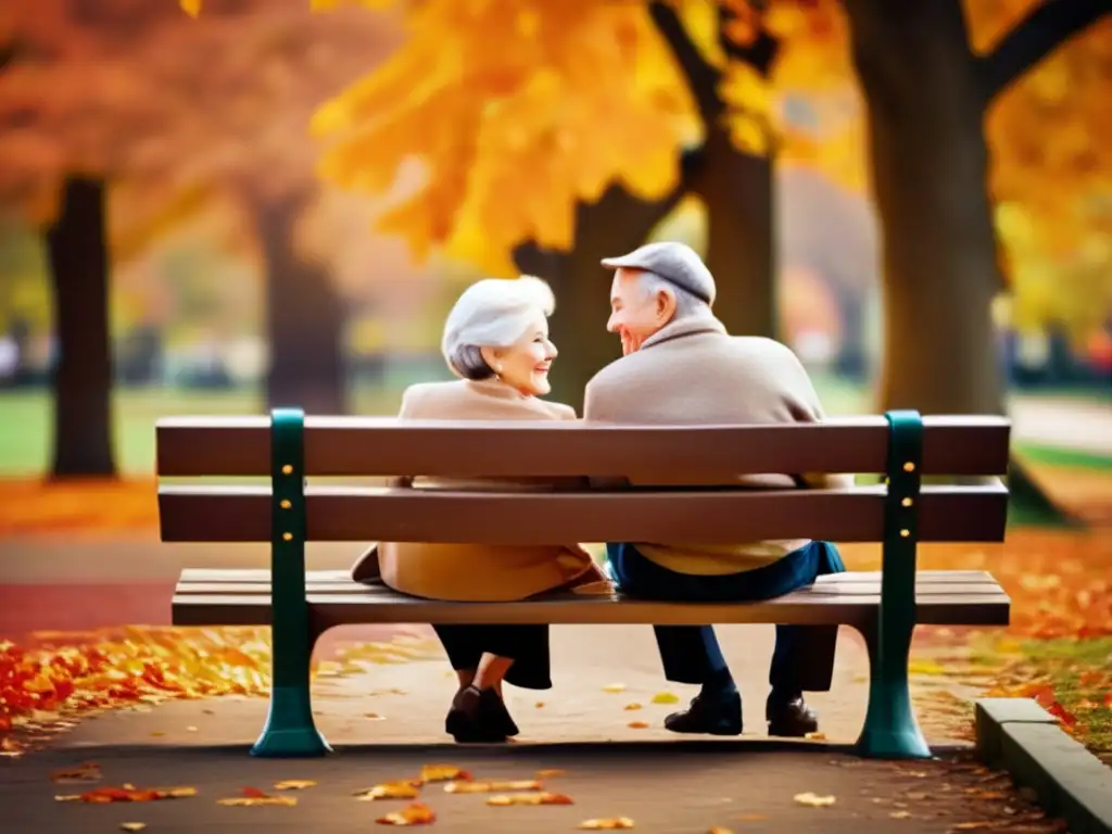 Pareja de ancianos disfrutando del otoño en el parque Anciana y anciano en banco del parque, otoño vibrante