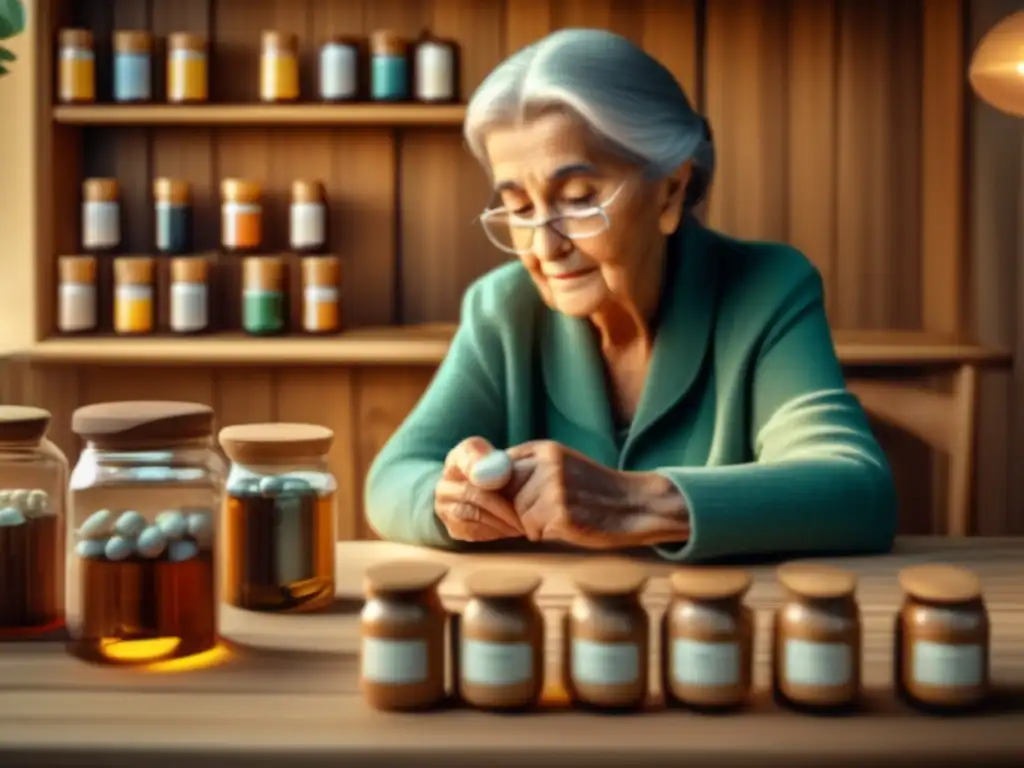 Organiza tus medicamentos con apps innovadoras Apps gestión medicamentos jubilados, imagen 8k sepia: persona mayor en mesa con medicamentos, píldoras y smartphone
