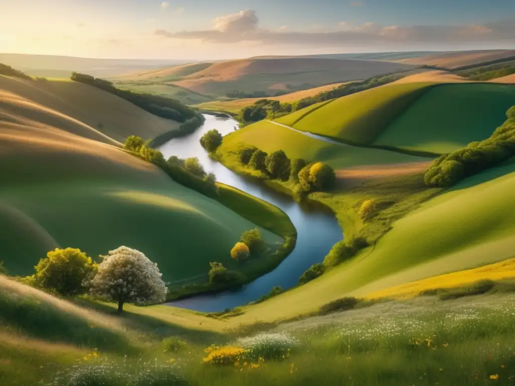 Paisaje sereno y vibrante Arte en la jubilación: paisaje sereno, ríos y colinas, naturaleza inspiradora