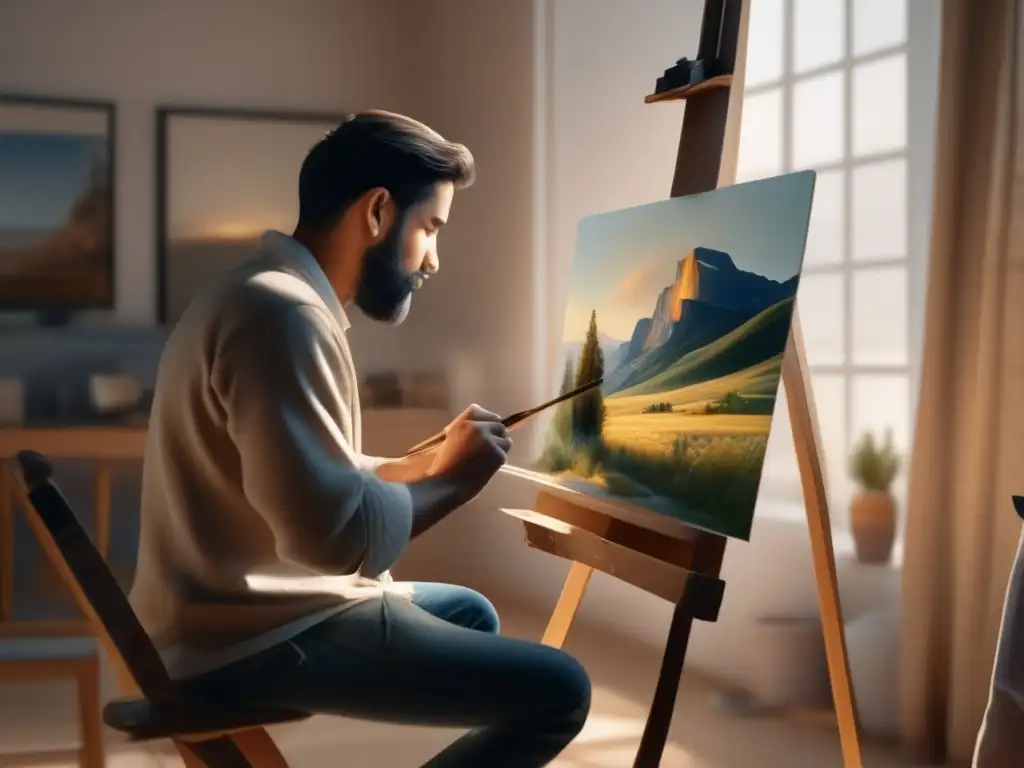 Artista concentrado en su obra Artista pintando paisaje con técnica y detalle, ideal para principiantes