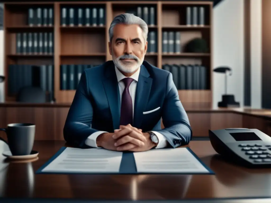 Asesoramiento jubilación fraudulenta: Confiable asesor financiero en oficina elegante, con documentos ordenados y taza de café