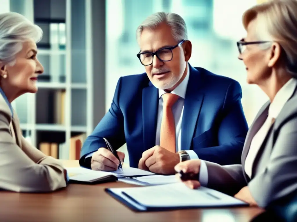 Asesor financiero experto en planificación de jubilación Asesores expertos en planificación de jubilación: un asesor financiero profesional en una imagen sepia, asesorando a una pareja mayor