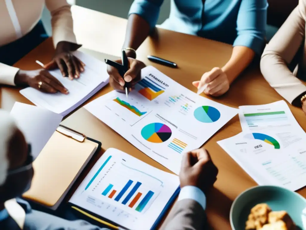 Discusión inclusiva sobre jubilación Asesores de jubilación para todos - Grupos diversos discutiendo planificación de retiro con documentos y gráficos