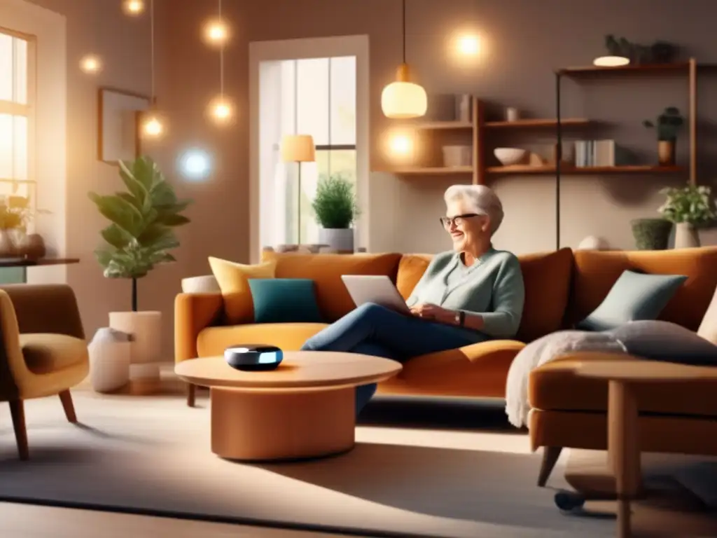 Persona mayor disfrutando de la comodidad de un asistente de voz en su hogar Beneficios de asistentes de voz para jubilados en ambiente acogedor con tecnología moderna