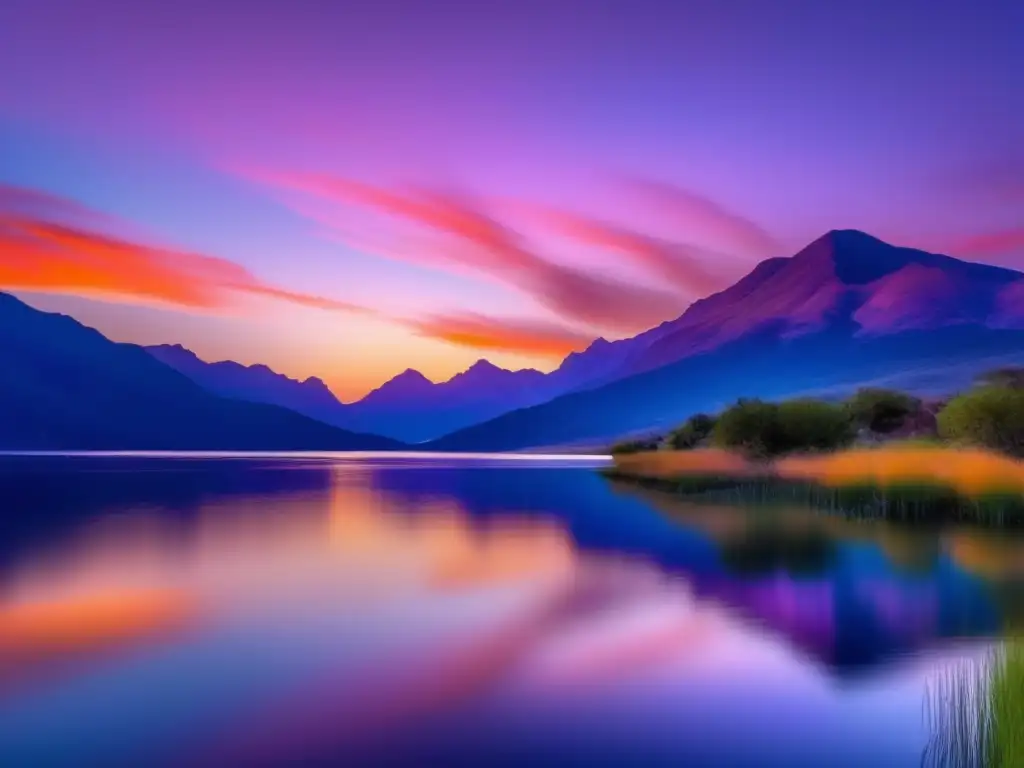 Puesta de sol serena y tranquila Beneficios meditación jubilación: atardecer dorado, lago tranquilo, montañas pintorescas, paz y serenidad