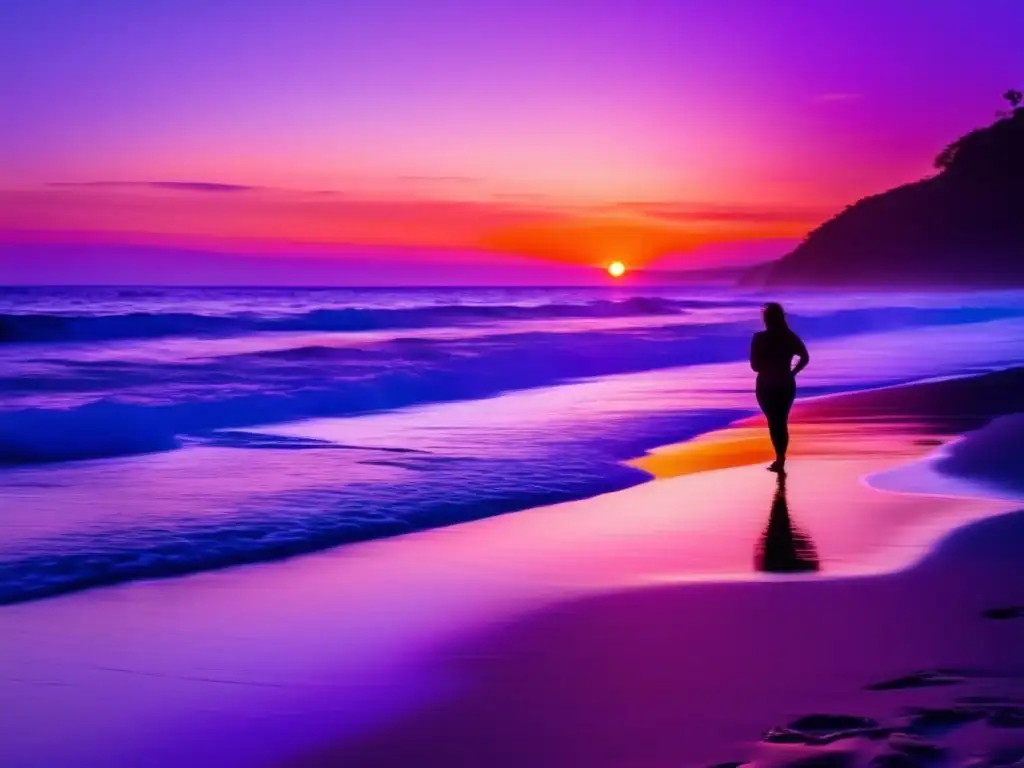 Playa al atardecer: serenidad y reflexión Beneficios del mindfulness en la jubilación: playa al atardecer con figura solitaria