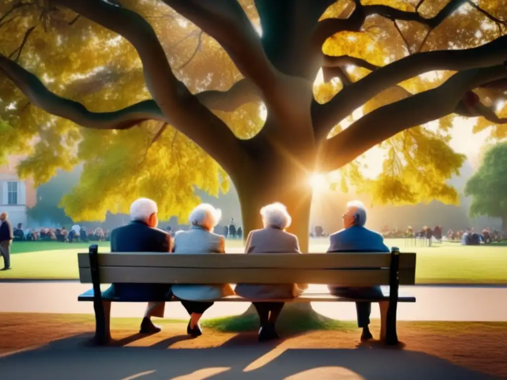 Grupo feliz disfrutando de su retiro Jubilación con beneficios definidos: grupo de ancianos felices en un banco bajo un árbol majestuoso en el parque