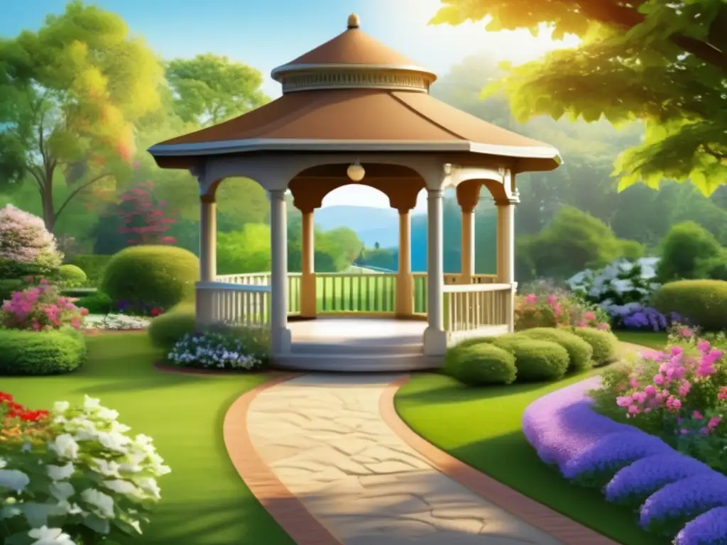 Retiro dorado: Un parque sereno con un camino hacia un encantador mirador Jubilación con beneficios definidos en un parque sereno con camino, gazebo y flores vibrantes (110 caracteres)