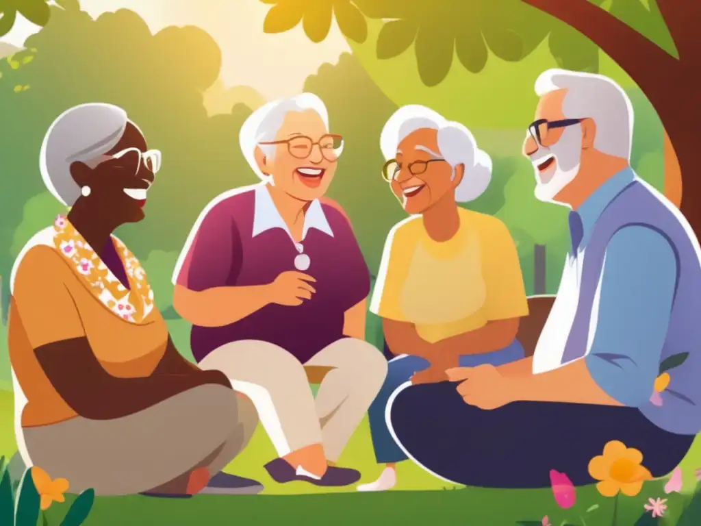 Retiro feliz: amistad, risas y naturaleza Beneficios del humor en la jubilación: Retirados disfrutando de la compañía y la alegría en un parque soleado