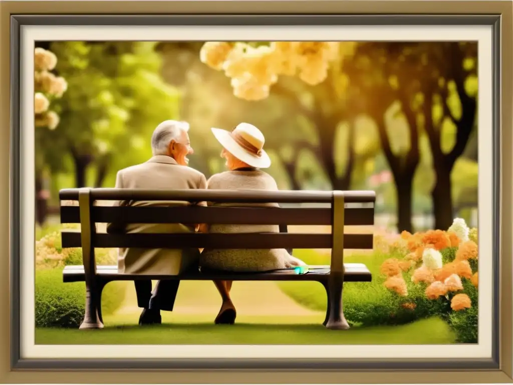 Pareja de ancianos disfrutando del parque Beneficios de la inteligencia ambiental en jubilados: pareja anciana sonriente en un banco del parque rodeado de árboles y flores, en tonos sepia