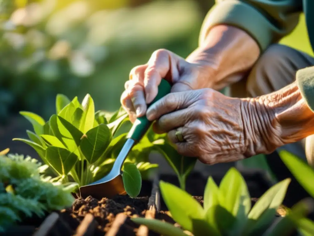 Jardín soleado con persona mayor cultivando con amor Beneficios de jardinería en tercera edad, persona mayor en jardín soleado con trowel y plantas verdes vibrantes