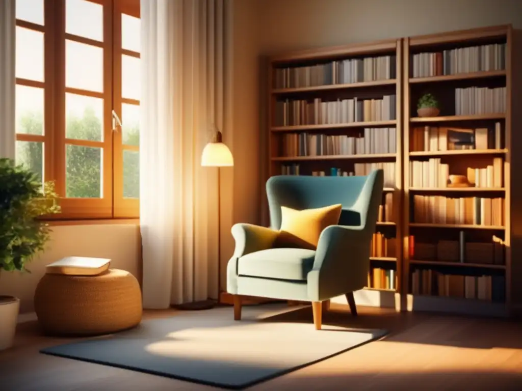 Rincón de lectura acogedor en residencia de retiro Beneficios lectura digital en jubilación: acogedor rincón de lectura en hogar de retiro, sillón cómodo junto a ventana con vista a jardín, luz cálida, estantería con libros y tablet