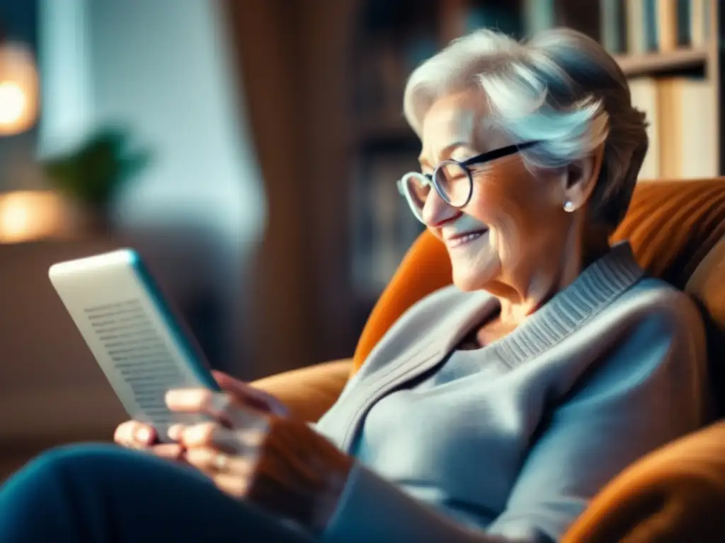 Persona mayor disfruta lectura digital en sillón acogedor Beneficios lectura digital en la jubilación: persona mayor feliz leyendo libro digital, ambiente cálido y transición a lo digital