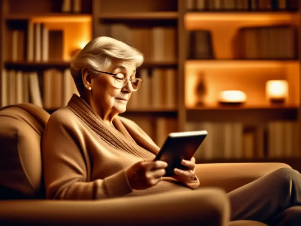 Placer de lectura digital en la vejez Beneficios lectura digital jubilación: persona mayor leyendo tablet con libros, ambiente cálido y nostálgico