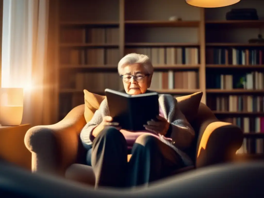 Revolución de la lectura digital en la tercera edad Beneficios lectura digital en la jubilación: persona mayor feliz, rodeada de tablets, leyendo en silla cómoda