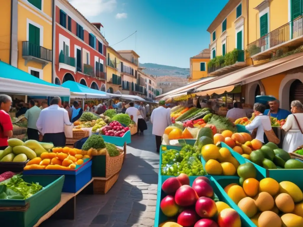 Mercado mediterráneo vibrante y saludable Beneficios dieta mediterránea jubilados: Mercado vibrante, frutas frescas, escena mediterránea, vitalidad y comunidad