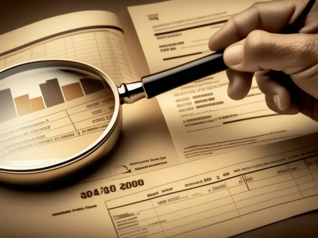 Revisión anual de pensión: análisis detallado y profesional Beneficios de revisar plan pensión anualmente - Manos sosteniendo lupa y examinando informe financiero detallado con gráficos y tablas