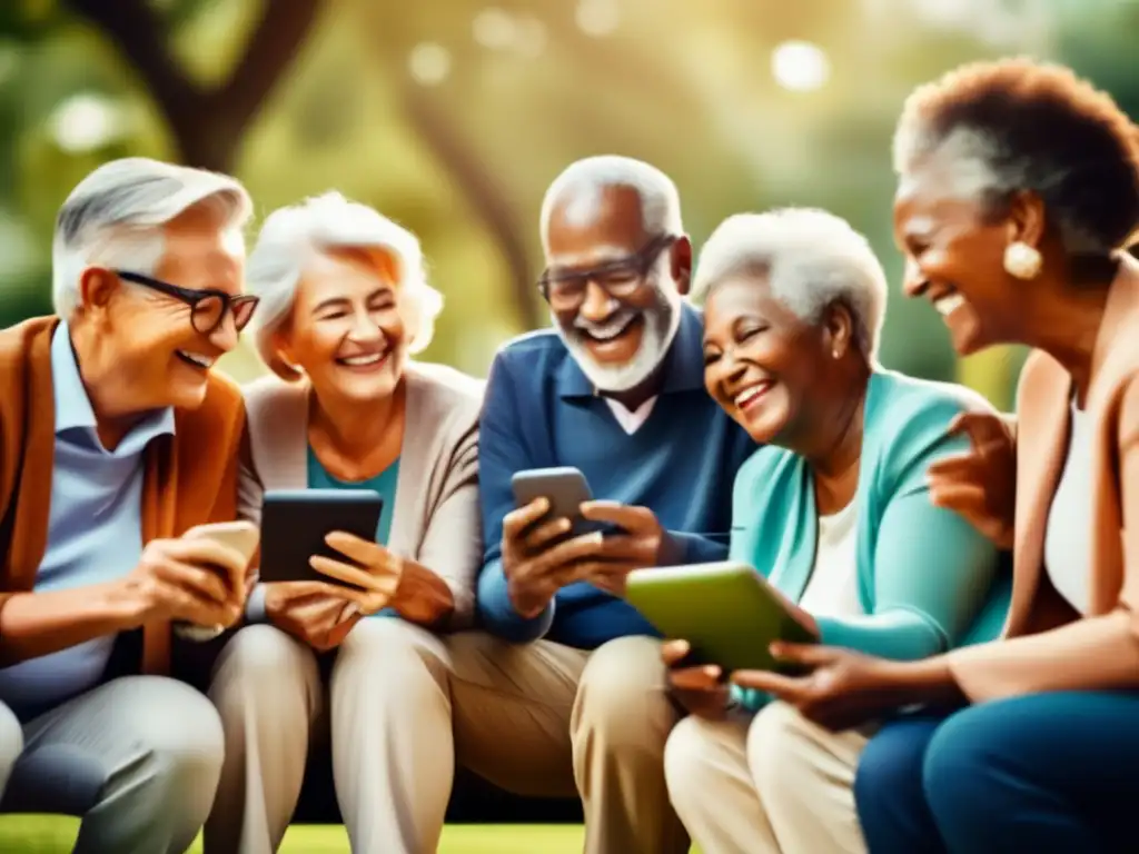 Seniors disfrutando de la tecnología y la conexión social Beneficios de redes sociales para jubilados activos, grupo diverso de alegres seniors conectados en parque, usando smartphones y tablets