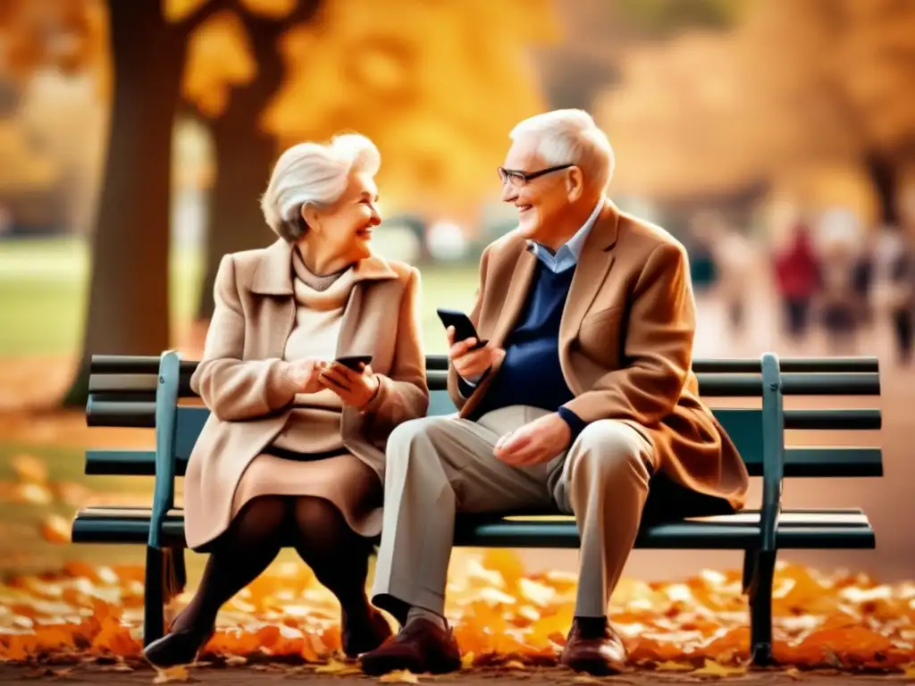 Pareja mayor disfrutando de la conexión y camaradería en el parque Beneficios redes sociales para jubilados activos: pareja mayor sonriente en un banco del parque, conversando y usando sus smartphones