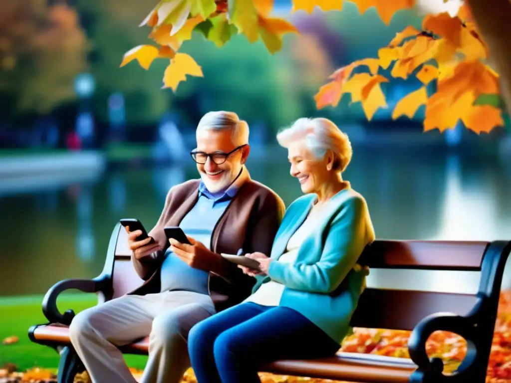 Pareja mayor disfrutando de la tecnología Beneficios redes sociales jubilados: pareja mayor sonriendo en parque otoñal, conectados en smartphones