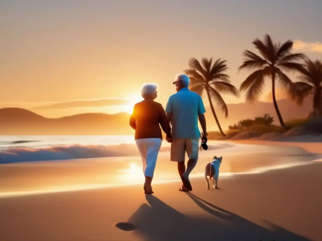 Pareja de ancianos en playa con smartwatches Beneficios relojes inteligentes en la jubilación: Pareja anciana camina en playa al atardecer, usando smartwatches, promoviendo vida saludable