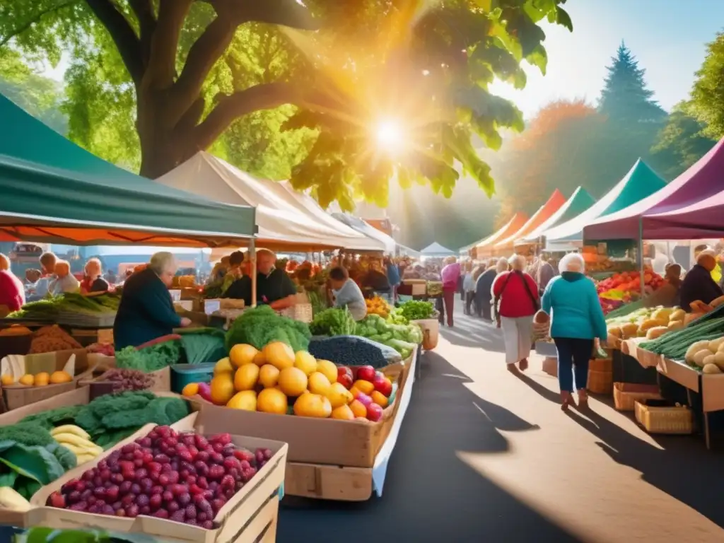 Mercado de alimentos saludables Beneficios de superalimentos en la jubilación: mercado vibrante con productos saludables y personas mayores disfrutando