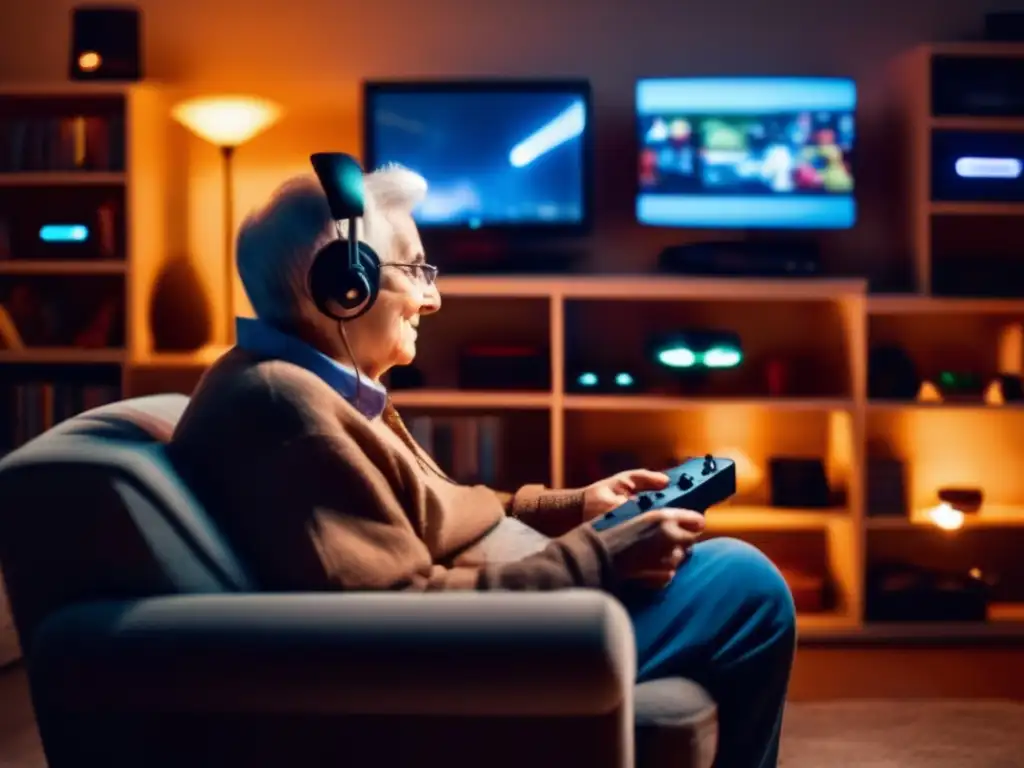 Beneficios de videojuegos para adultos mayores: Persona mayor disfrutando y concentrada en un videojuego, rodeado de consolas y nostalgia