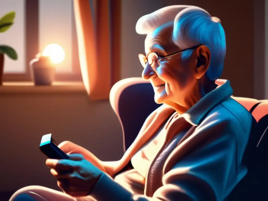 Beneficios de videojuegos para adultos mayores: Persona mayor concentrada y disfrutando de videojuegos en una silla cómoda, rodeada de libros