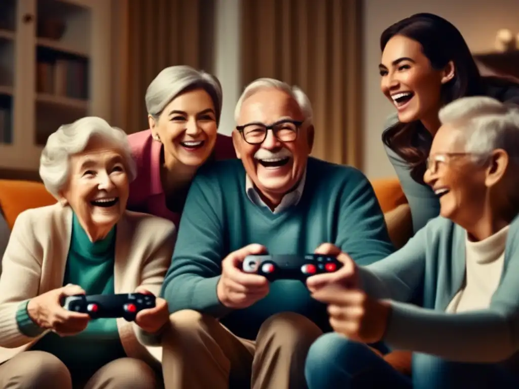 Beneficios de los videojuegos para adultos mayores: Grupo de personas mayores sonriendo y disfrutando de un juego multiplayer en una sala acogedora