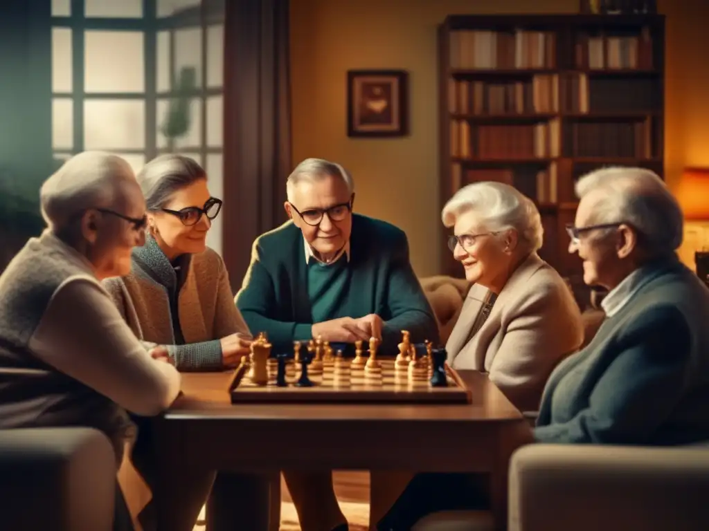 Beneficios de videojuegos para adultos mayores: juego de ajedrez en una sala vintage con personas mayores concentradas