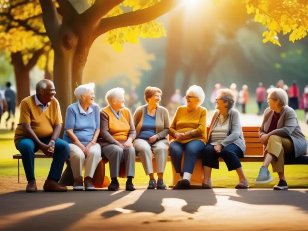 Voluntarios mayores disfrutan de actividades en el parque Beneficios del voluntariado en la jubilación: grupo de ancianos sonrientes en parque, camaradería y propósito, sepiatono, voluntariado, comunidad