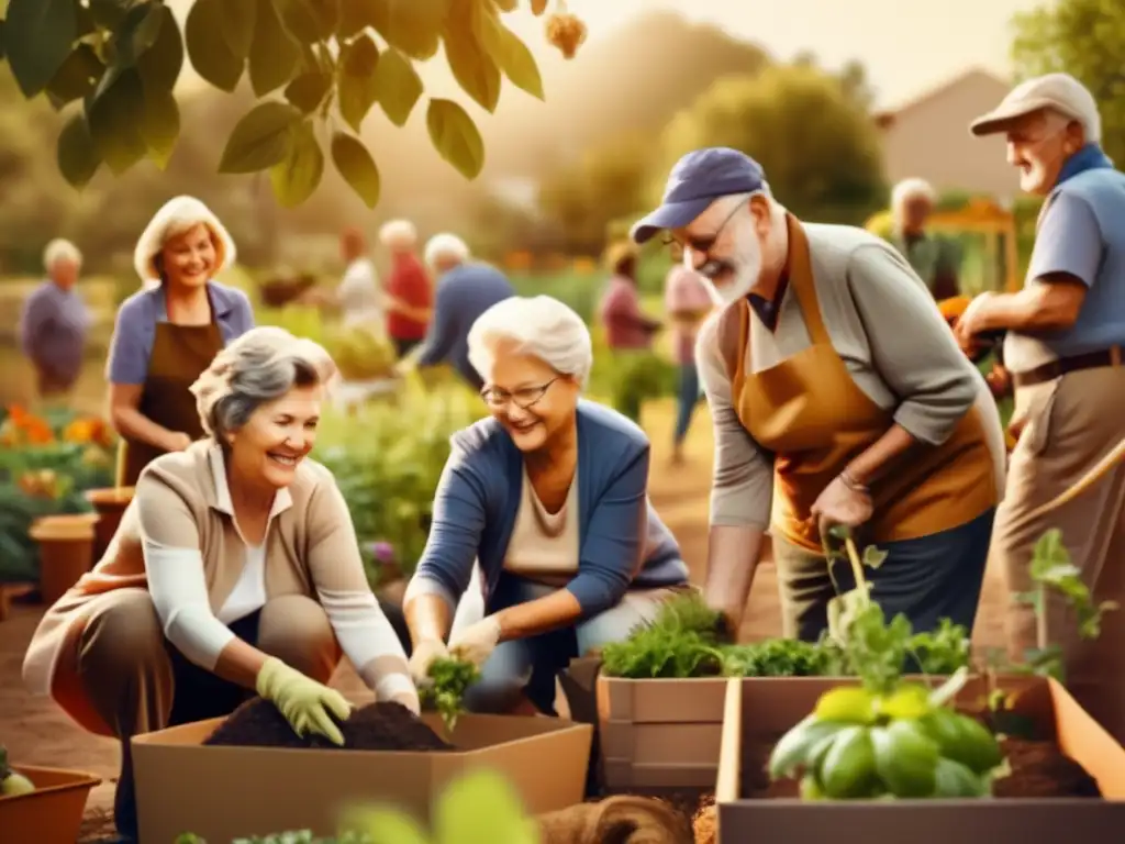 Voluntarios de la tercera edad en jardín comunitario Beneficios del voluntariado en la jubilación: Retirados en jardín comunitario sepia, unión y crecimiento (110 caracteres)