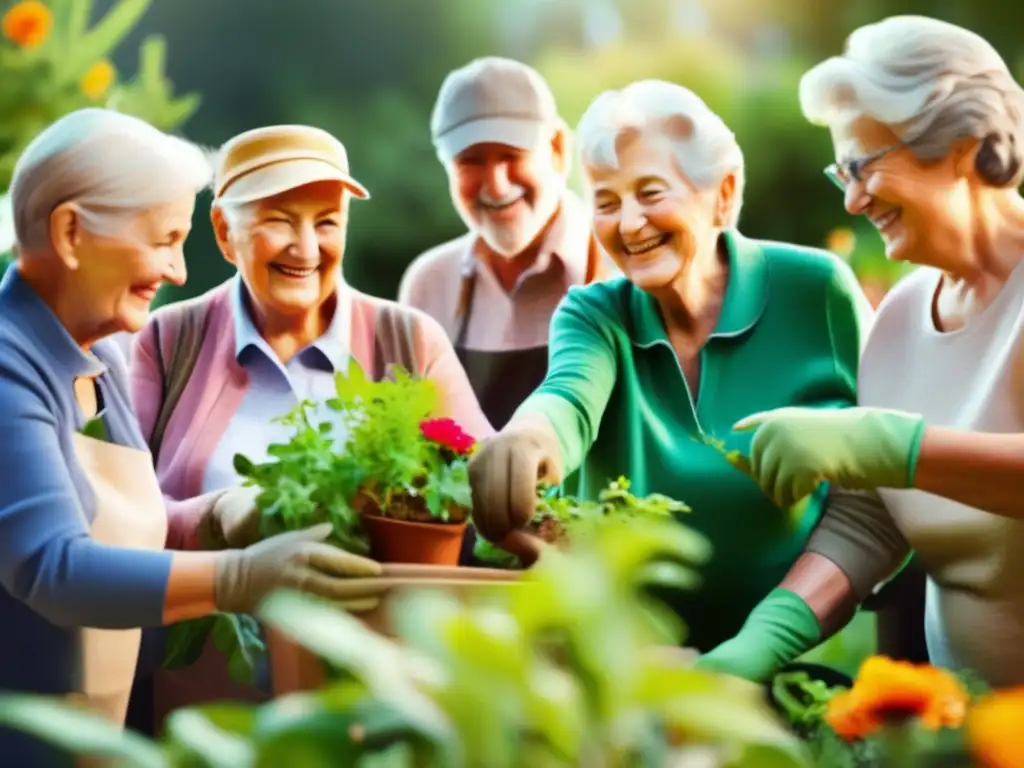 Seniors disfrutando de la jardinería en comunidad Beneficios del voluntariado en la tercera edad: Seniors sonriendo y cuidando jardín comunitario con flores y plantas verdes