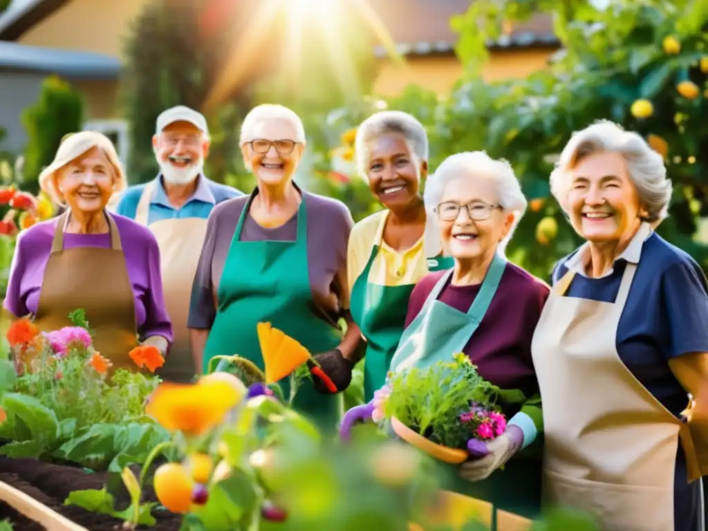 Voluntarios mayores en jardín comunitario Beneficios del voluntariado en la tercera edad: grupo de voluntarios mayores en un jardín comunitario, cuidando plantas y disfrutando de la naturaleza