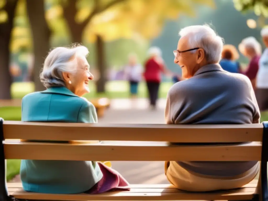 Conversación y comunidad en el parque Beneficios del voluntariado en la tercera edad: Pareja de ancianos felices en el parque, rodeados de voluntarios y disfrutando de la comunidad