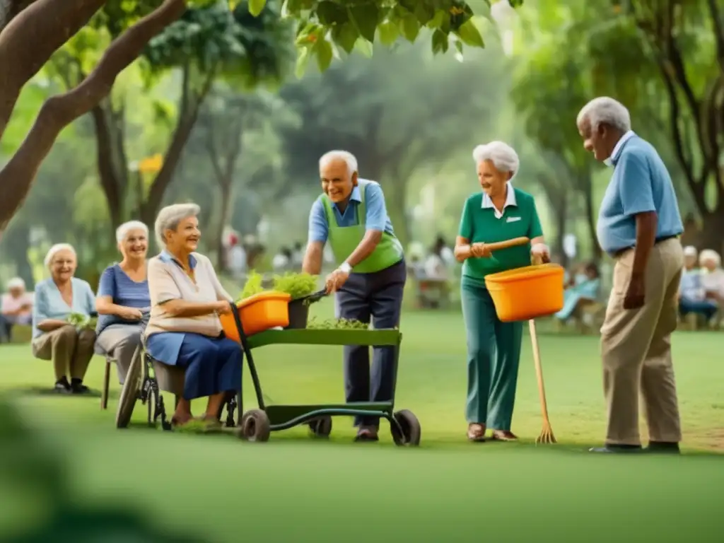 Voluntariado en la Tercera Edad Beneficios del voluntariado en la tercera edad: grupo de mayores ayudando y enseñando en un parque sepia