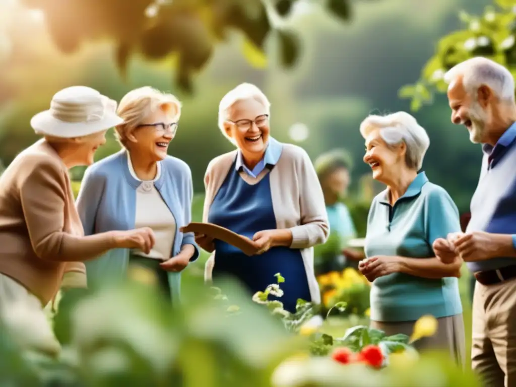 Elderly volunteers enjoying retirement through community engagement Beneficios del voluntariado en la jubilación: voluntarios mayores en comunidad jardinando, tejiendo y liderando ejercicios - Nostalgia y calidez