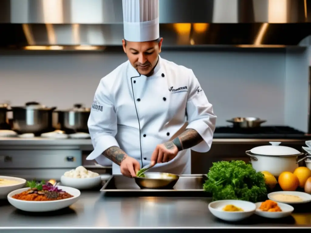 Chef maestro en cocina profesional Chef gourmet en cocina profesional, plato exquisito, pasión por la cocina