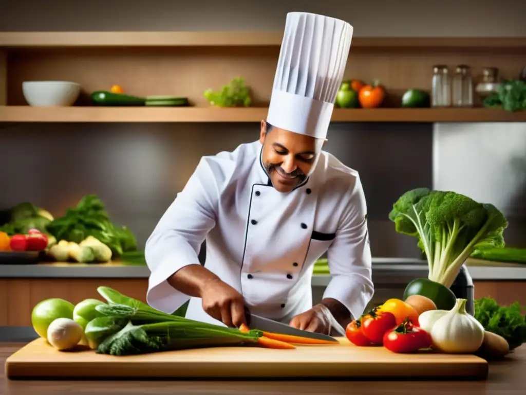 Experto chef cortando vegetales frescos en cocina profesional Chef gourmet en cocina profesional, jubilación y planificación