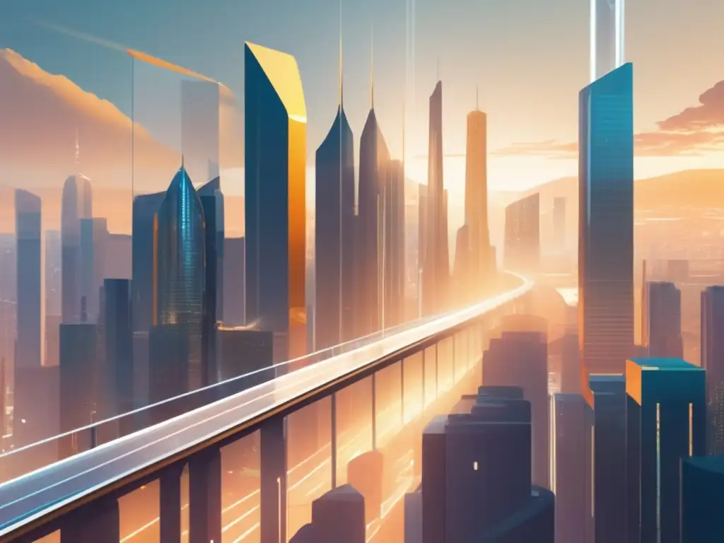 Futuro de la jubilación con blockchain Ilustración sepia de una ciudad futurista con edificios interconectados por tubos transparentes y puentes