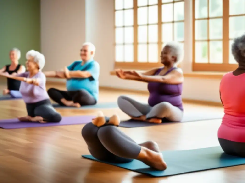 Clase de estiramiento para adultos mayores Clases estiramiento jubilados, ambiente inclusivo y relajante, instructor atento, ejercicios flexibilidad