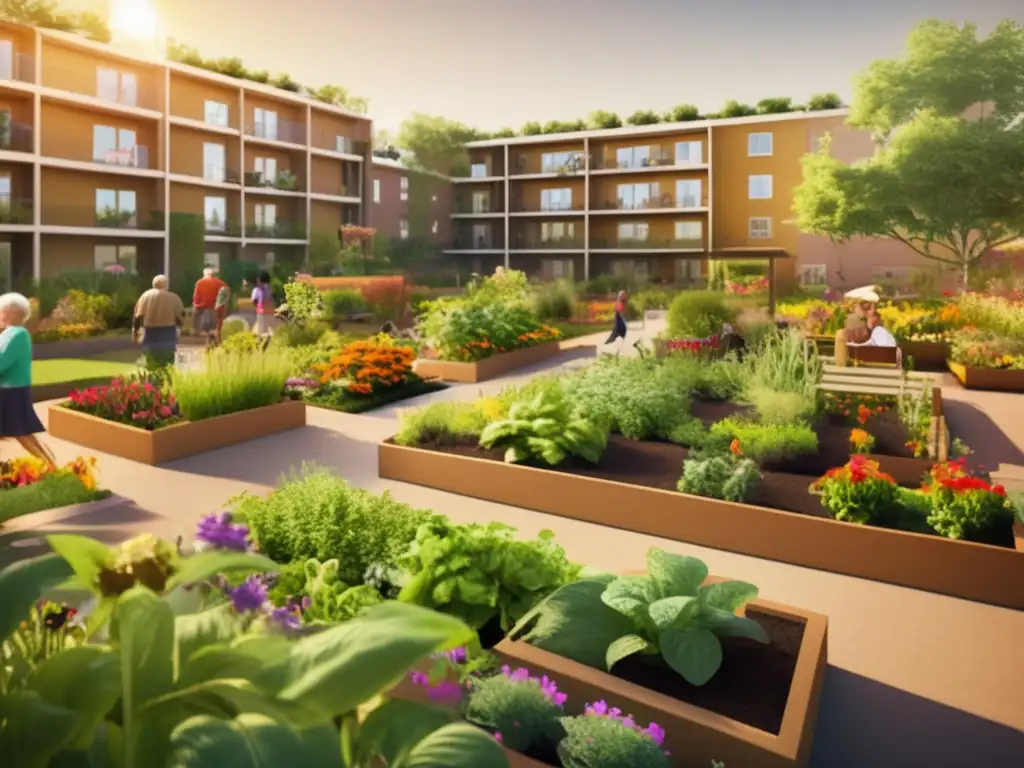Jardín comunitario en vivienda cooperativa Jardín comunitario en cooperativa de vivienda, jubilados compartiendo y cuidando plantas